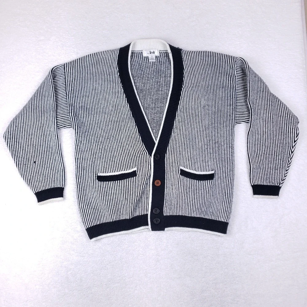 Vintage Jed Cardigan Sweater Striped Navy‎ White Knit Button Front Taiwan M